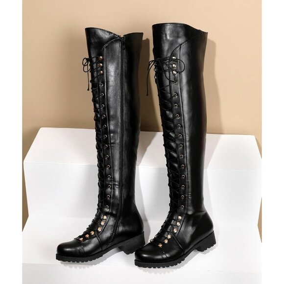 Women's Black Faux Leather Over The Knee Square Toe Thigh High Combat Boots - Picture 7 of 7